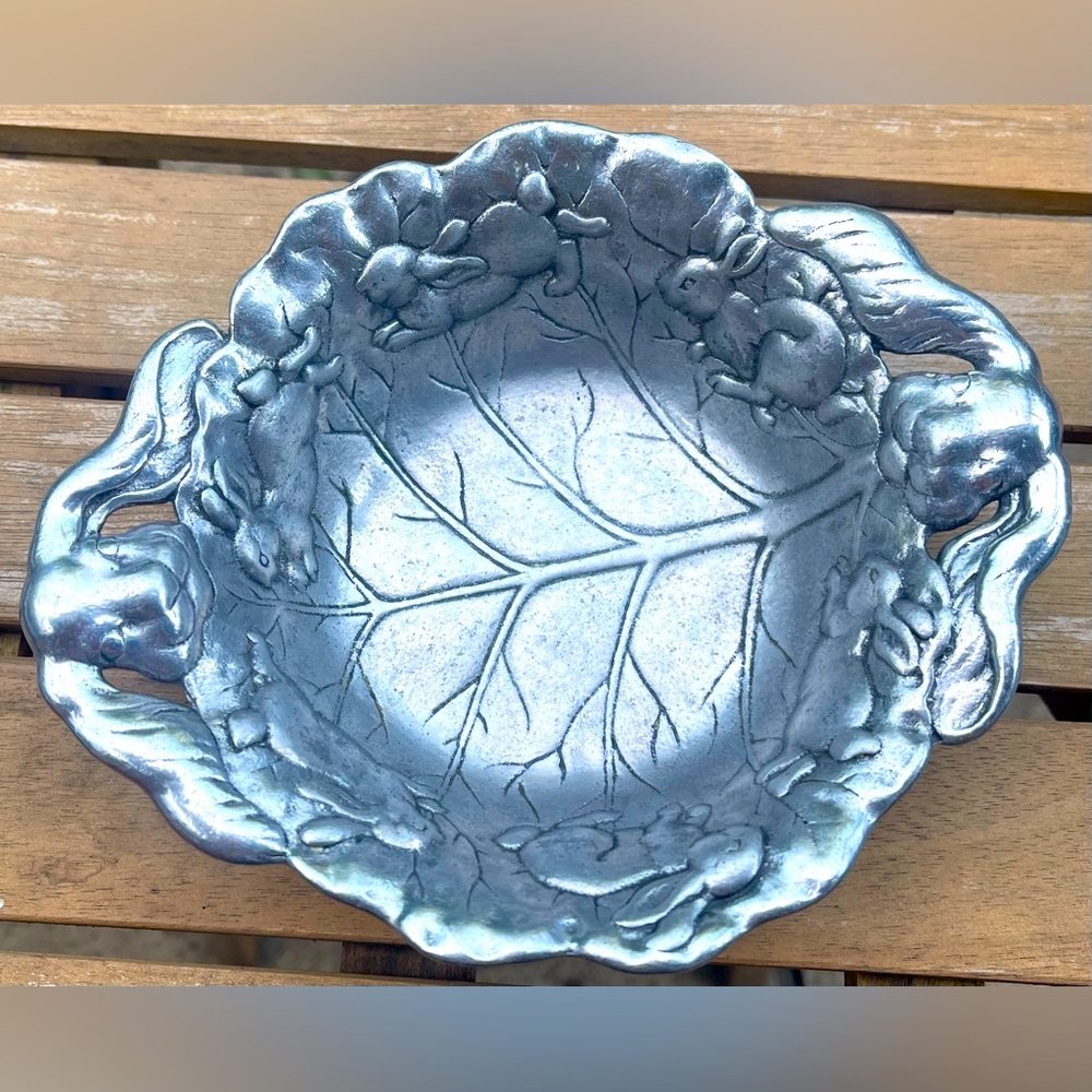 Arthur Court Bunny Rabbit Trinket Dish Bowl Cabbage Leaf Rustic Farmhouse